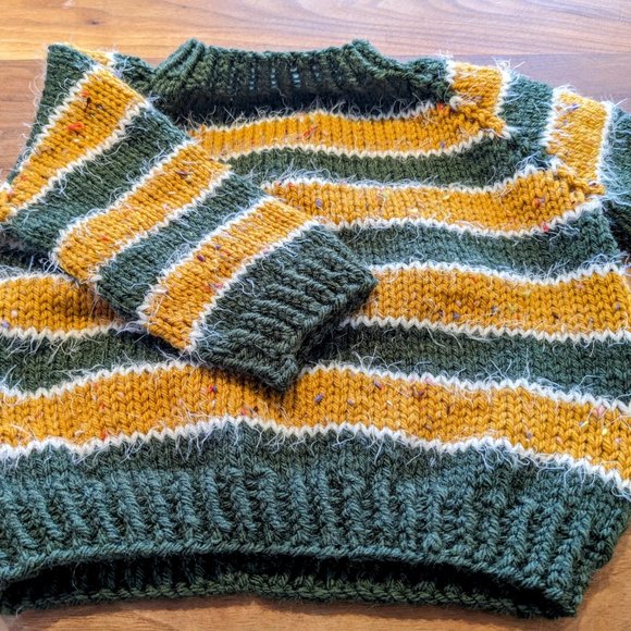 Yellow-Green striped Overseized long sleeved Hand knit sweater pullover for babi - Picture 4 of 4